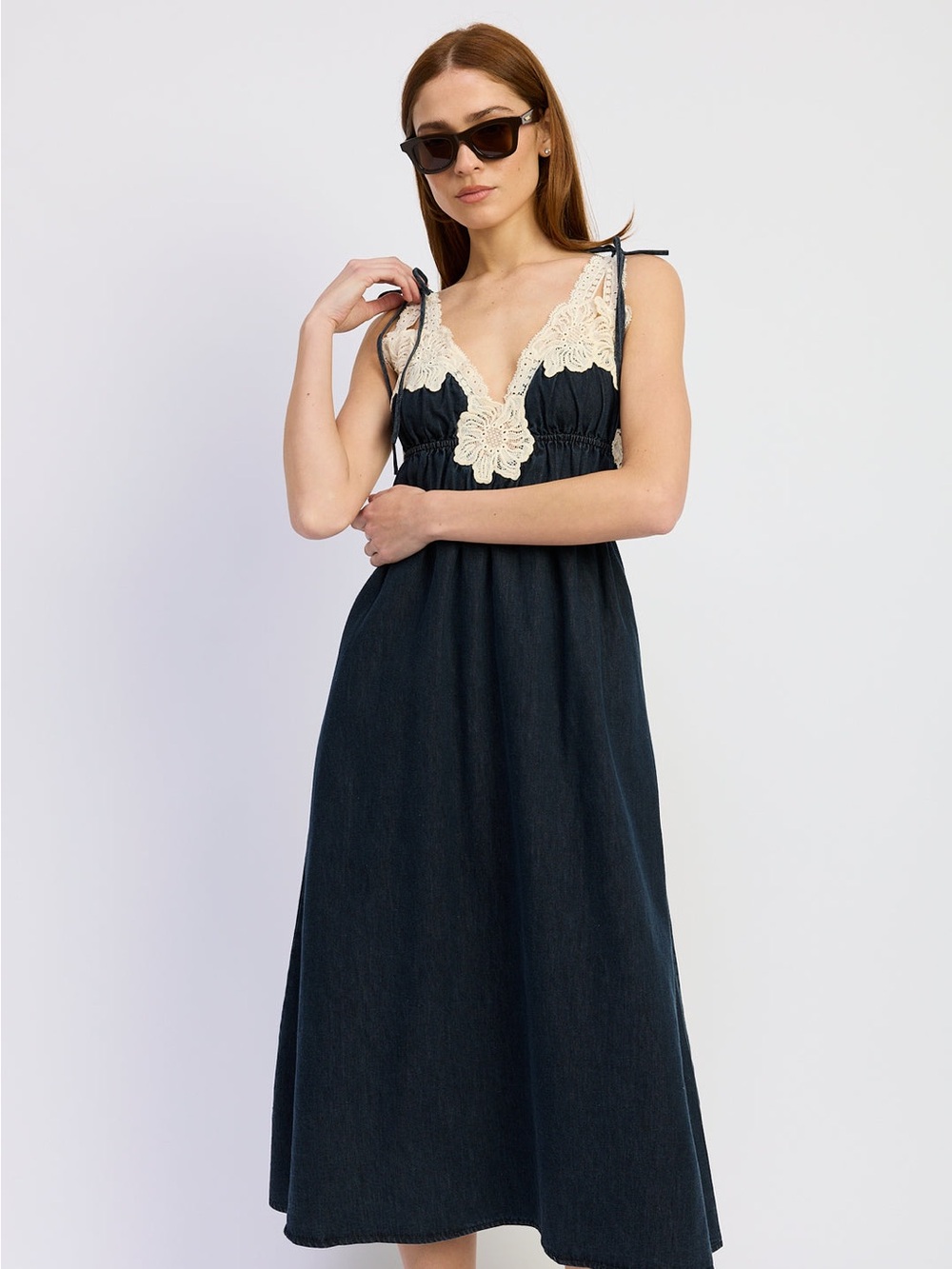 En Saison Natalia Crochet Trim Tie Shoulder Midi Dress Vintage Indigo Size Small - Picture 4 of 6